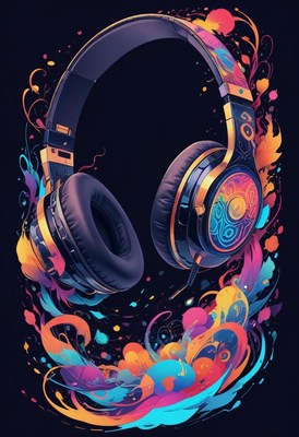 Colorful headphones are floating in the air