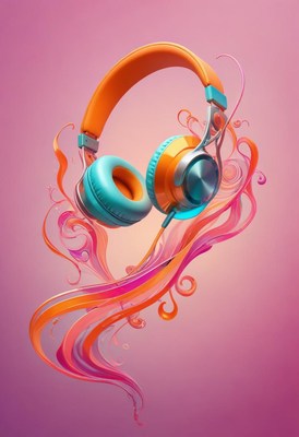 Orange and blue headphones in a pink abstract design