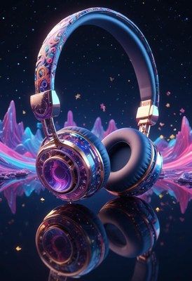 Colorful headphones rest on a shiny surface