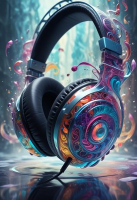 Colorful, intricately designed headphones reflect in water