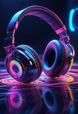 Headphones on a shiny surface with bright lights