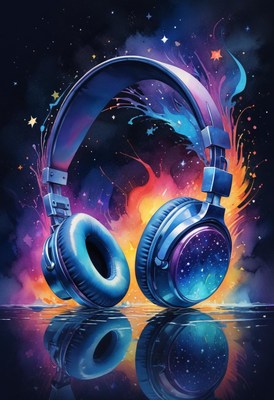 Headphones on a reflective surface with galaxy backdrop