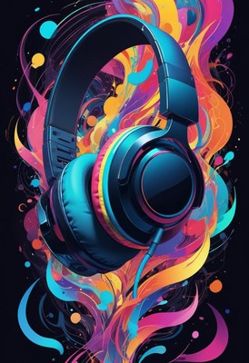 Blue headphones against a colorful abstract background