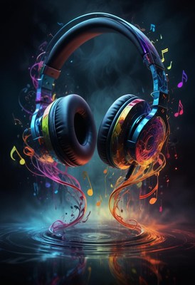 A pair of headphones floats above colorful music notes
