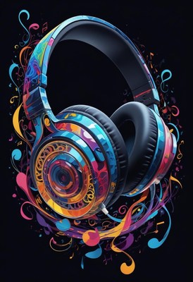 Colorful headphones with musical notes and swirls