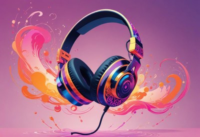 Colorful headphones on a pink background