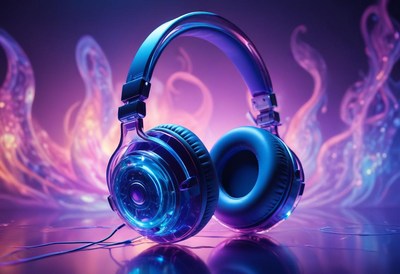 Blue headphones on a purple and pink background
