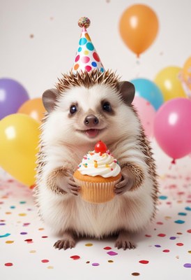 A hedgehog wearing a party hat holds a cupcake