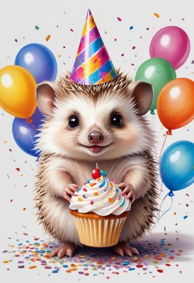 A happy hedgehog celebrates with a cupcake and balloons