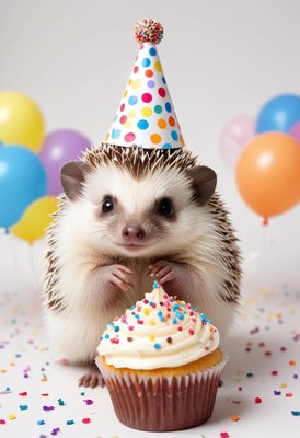 A hedgehog wearing a party hat enjoys a cupcake