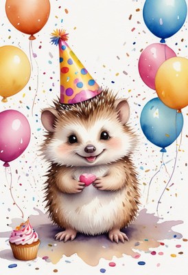 A happy hedgehog celebrates with balloons and a cupcake