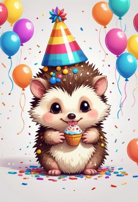 A cute hedgehog celebrates with a cupcake and balloons