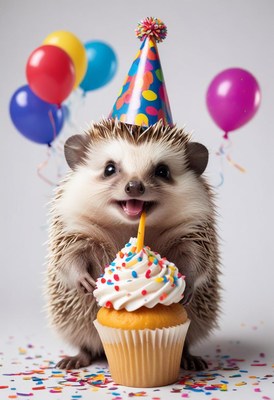 A happy hedgehog celebrates its birthday with a cupcake