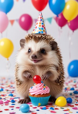 A hedgehog wearing a party hat stands next to a cupcake