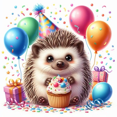 A happy hedgehog celebrates with a cupcake and balloons