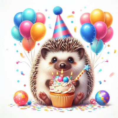A hedgehog wearing a party hat holds a cupcake with candles