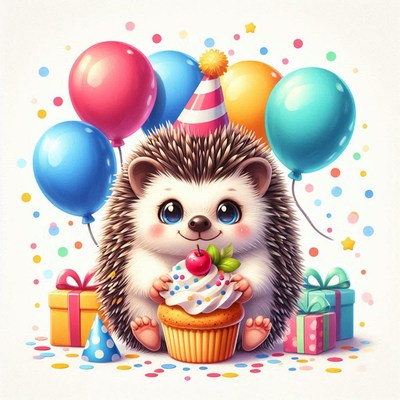 Hedgehog's birthday fun with a cupcake and balloons!