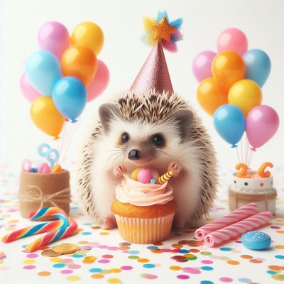 A hedgehog wearing a party hat enjoys a cupcake