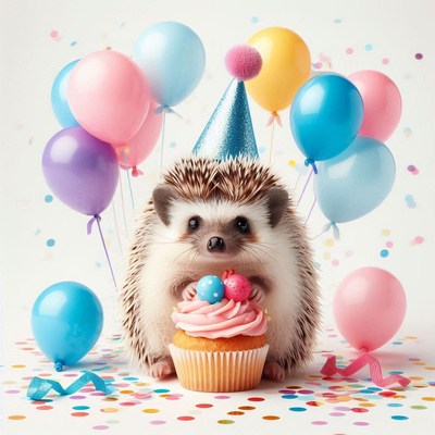 Hedgehog in a hat holds a cupcake and balloons