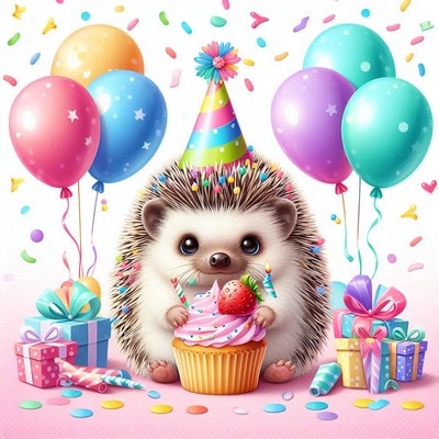 A cute hedgehog celebrates with a cupcake and balloons