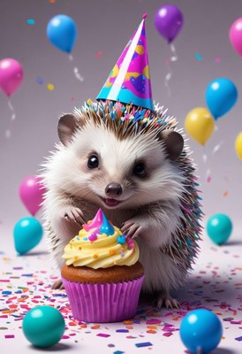 Hedgehog in a party hat enjoys a cupcake and balloons