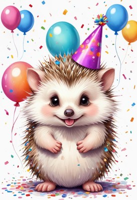 A happy hedgehog celebrates with balloons and confetti