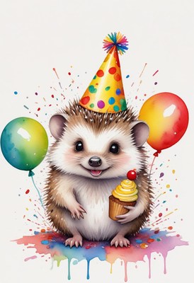 A hedgehog in a party hat with cupcakes and balloons