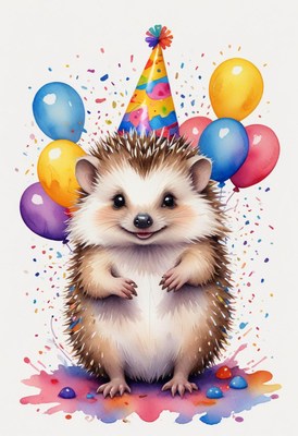 Happy hedgehog in a party hat with balloons!