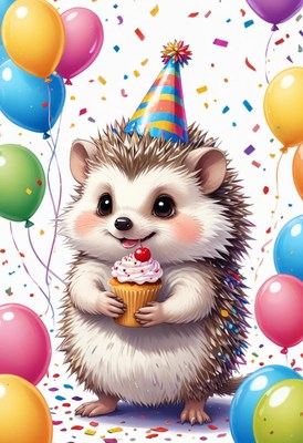 A hedgehog wearing a party hat holds a cupcake