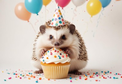 A hedgehog wearing a party hat enjoys a cupcake