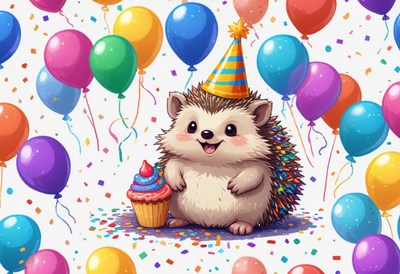Hedgehog in a party hat with a cupcake and balloons