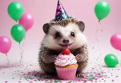 A hedgehog wearing a party hat enjoys a cupcake