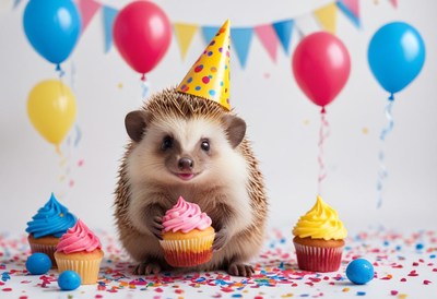 A hedgehog wears a party hat and holds a cupcake