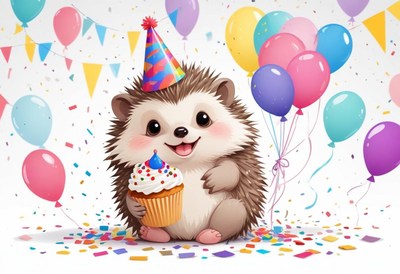 Hedgehog's birthday with balloons and cupcake!