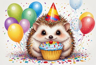 A cute hedgehog enjoys a cupcake for its birthday