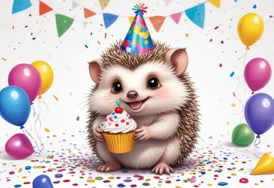 A hedgehog celebrates its birthday with a cupcake