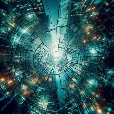 A cracked window reveals a city skyline at night