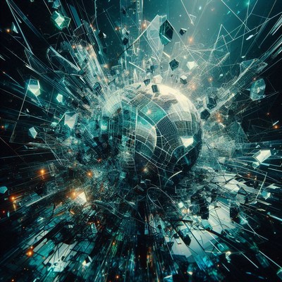 A digital sphere explodes in a burst of light and energy