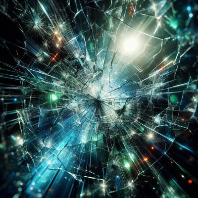 A shattered glass window reflects light and stars