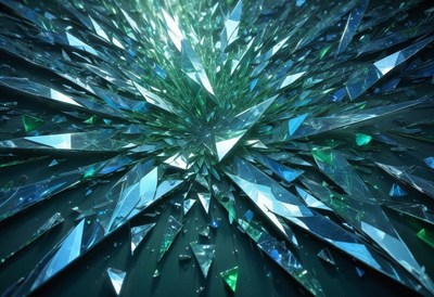 A close-up of shattered glass reflecting light