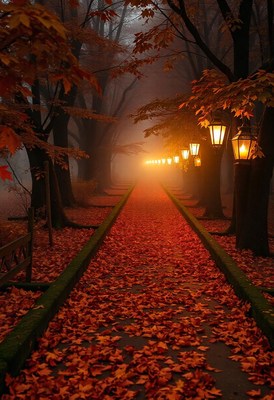 A foggy autumn evening path lit by streetlights