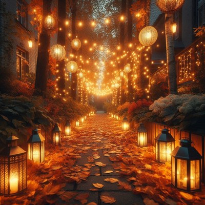 Lantern-lit path in an autumn forest