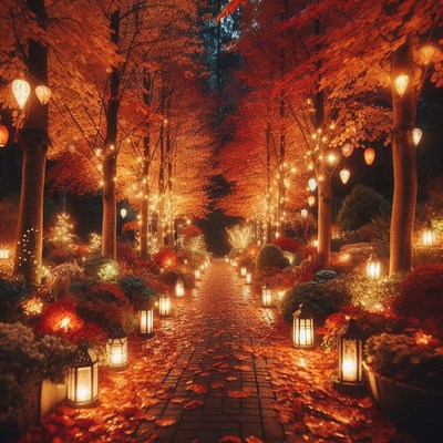 A path lined with lanterns leads through an autumnal forest