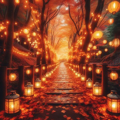A pathway lined with lanterns in an autumn forest