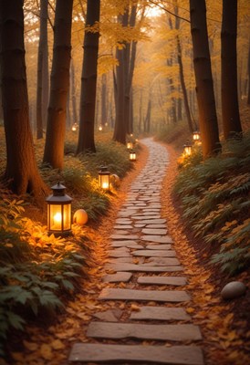 A stone path winds through a forest, illuminated by lanterns
