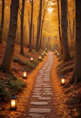 Lantern-lit stone path winds through autumn forest