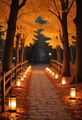 Lantern-lit path through a leafy park