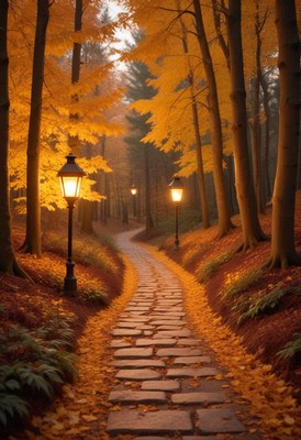 A stone path winds through a forest of golden leaves