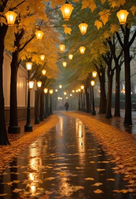 A rainy evening walk down a tree-lined path
