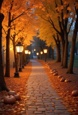 Fall cobblestone path with trees and lights